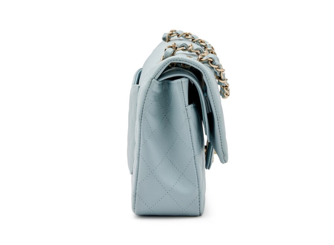 Chanel
Light Blue Quilted Caviar Medium Classic Double Flap Light Gold Hardware, 2022