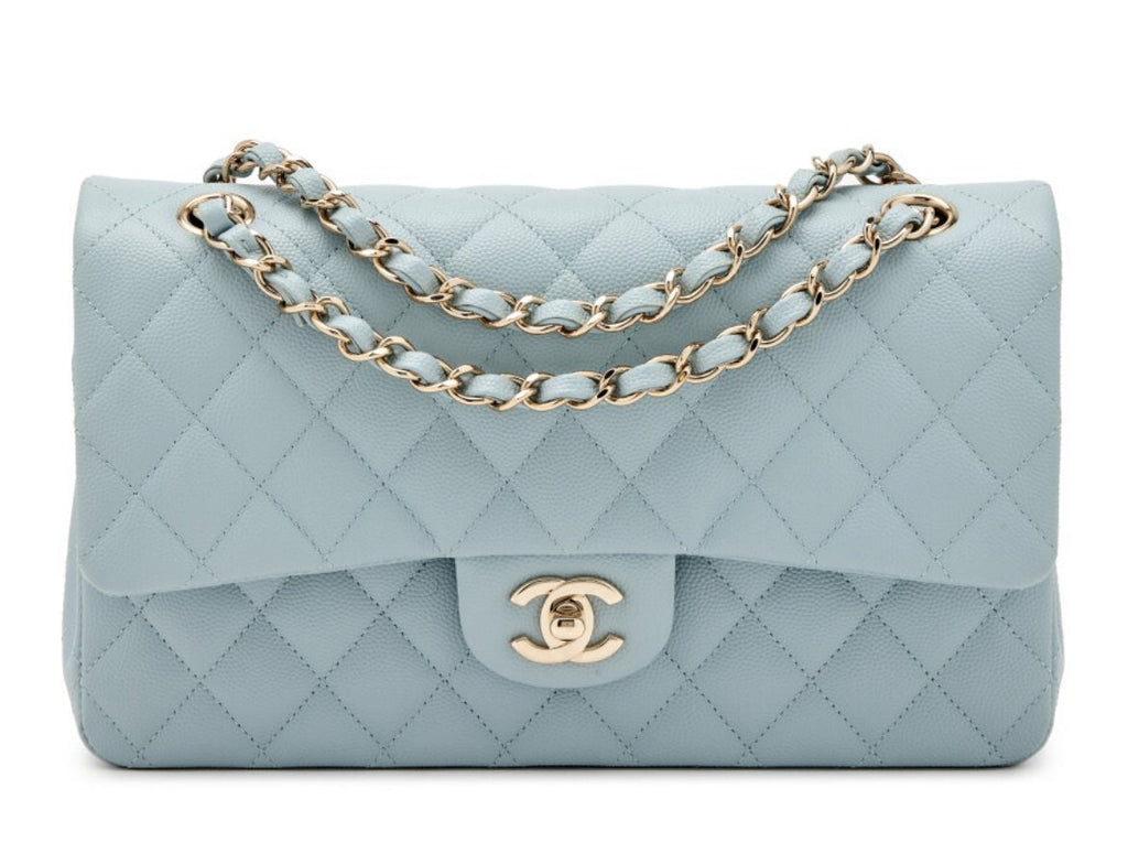 Chanel
Light Blue Quilted Caviar Medium Classic Double Flap Light Gold Hardware, 2022