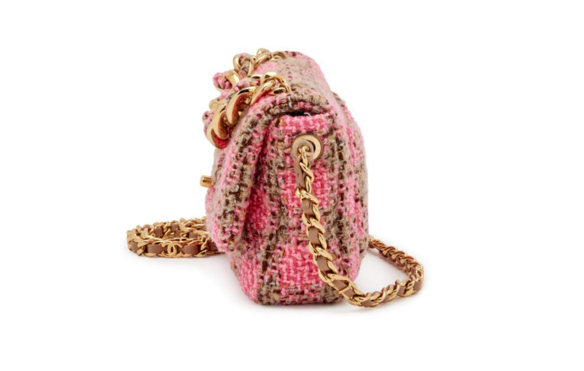Chanel
Pink and Beige Quilted Wool Tweed Small Elegant Chain Flap Gold Hardware, 2022