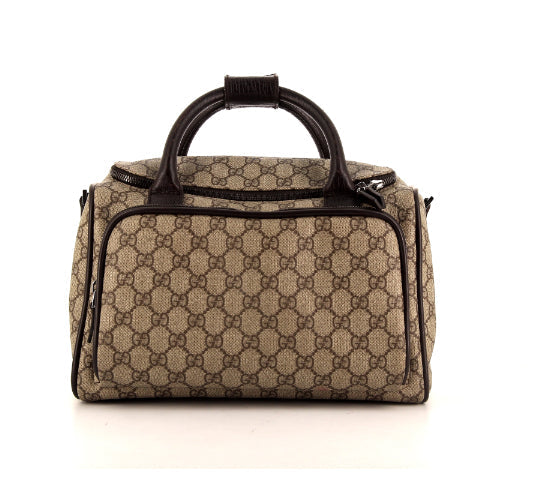 Borsa da viaggio Gucci piccola in tela monogram beige e pelle marrone
