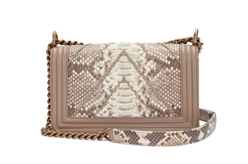Chanel
White and Grey Python and Calfskin Medium Boy Bag Aged Gold Hardware, 2015-16
