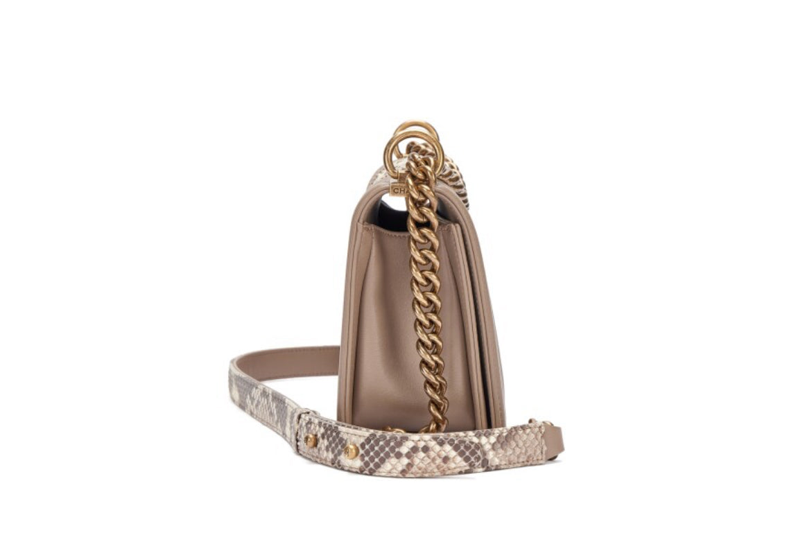 Chanel
White and Grey Python and Calfskin Medium Boy Bag Aged Gold Hardware, 2015-16