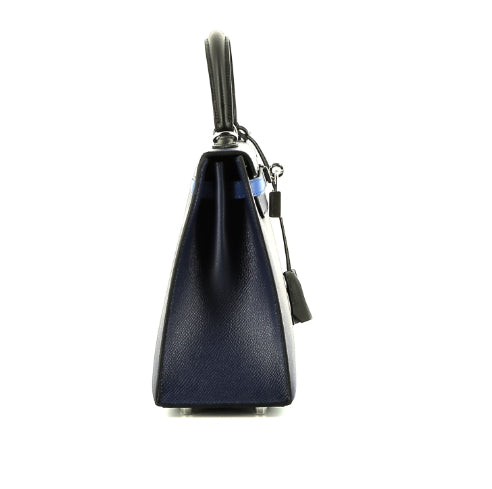 Borsa Hermès Kelly 25 cm in pelle Epsom tricolore blu scuro Bleu Atoll e nera