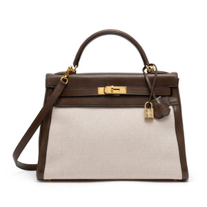 Hermès Vert Olive Barenia and Ecru Toile Retourne Kelly 32 Gold Hardware, 2002